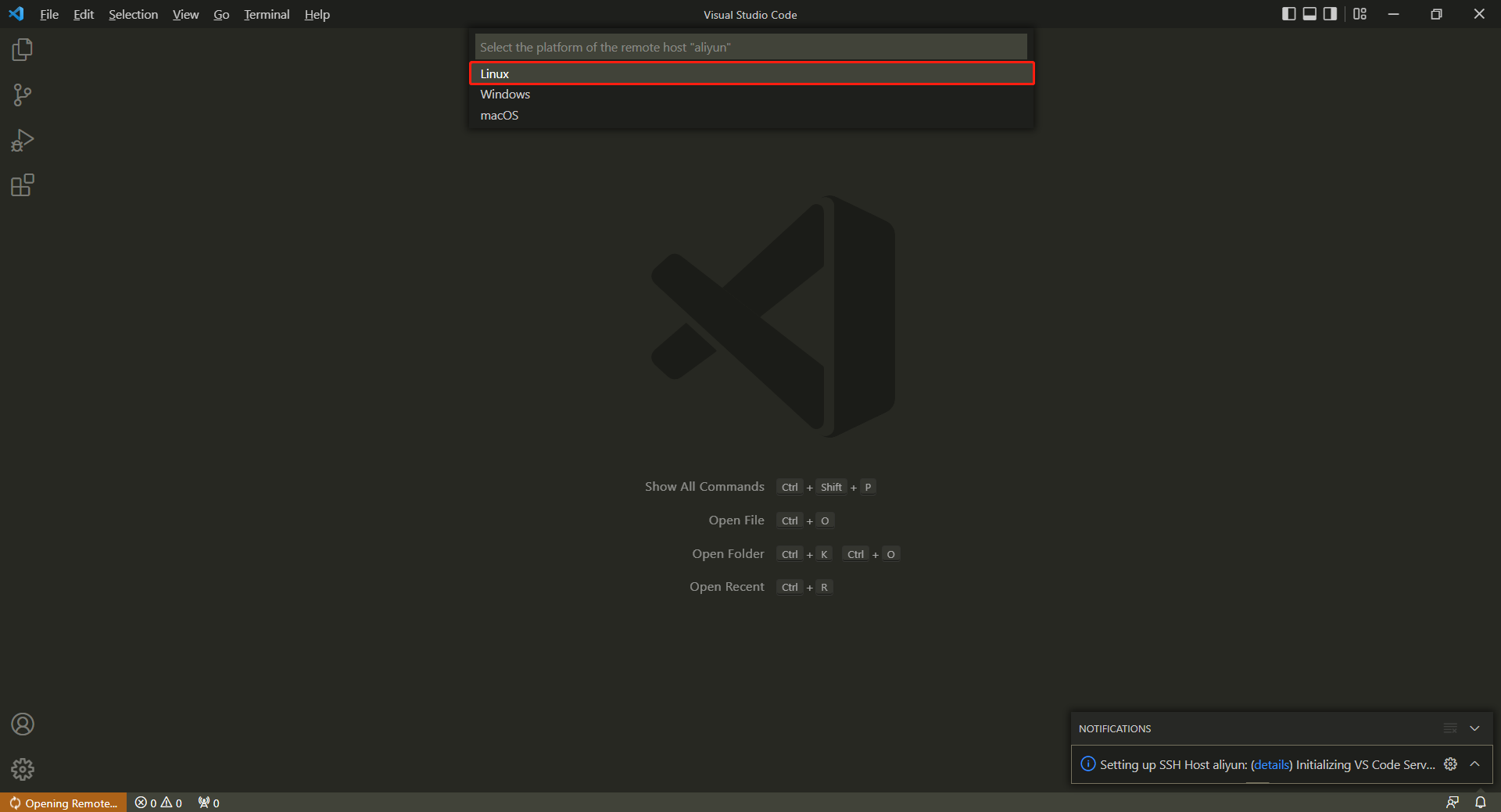 选择远程服务器操作系统类型